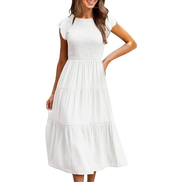 Crew Neck Smocked Elastic Waist Tiered Midi Dress Size Maxi Dresses for Women - Picture 1 of 8